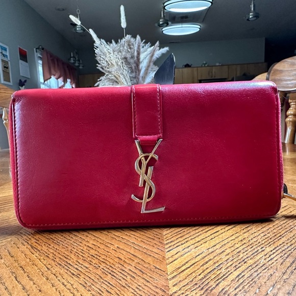 EUC YSL Yves Saint Laurent Red Calfskin Leather Long Wallet with Dust Bag. - Picture 1 of 8